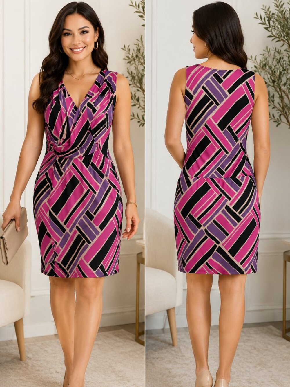 Attitude Jay Manuel Pink Purple Geometric Sleeveless Sheath Dress 8